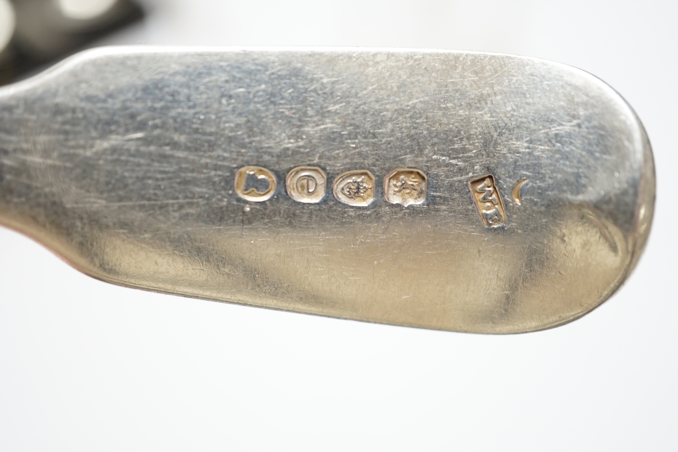A group of assorted 19th century and late silver flatware, various patterns, dates and makers, including a set of six Hanovarian pattern dessert forks by George Adams, London, 1852(worn) and a cased set of six coffee spo
